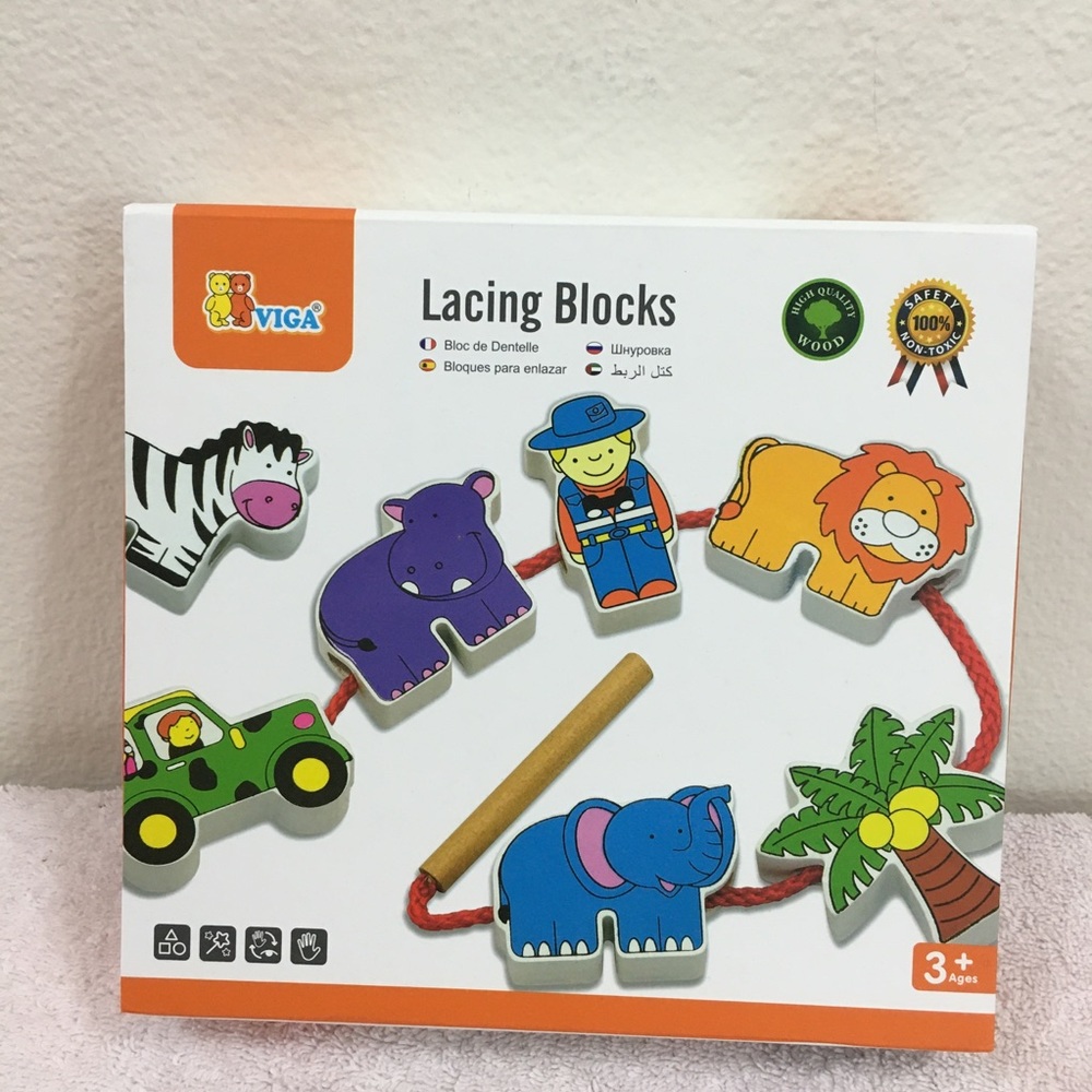 NWT New Viga Toys High Quality Non Toxic Wood Animal Lacing Blocks Montessori 3+